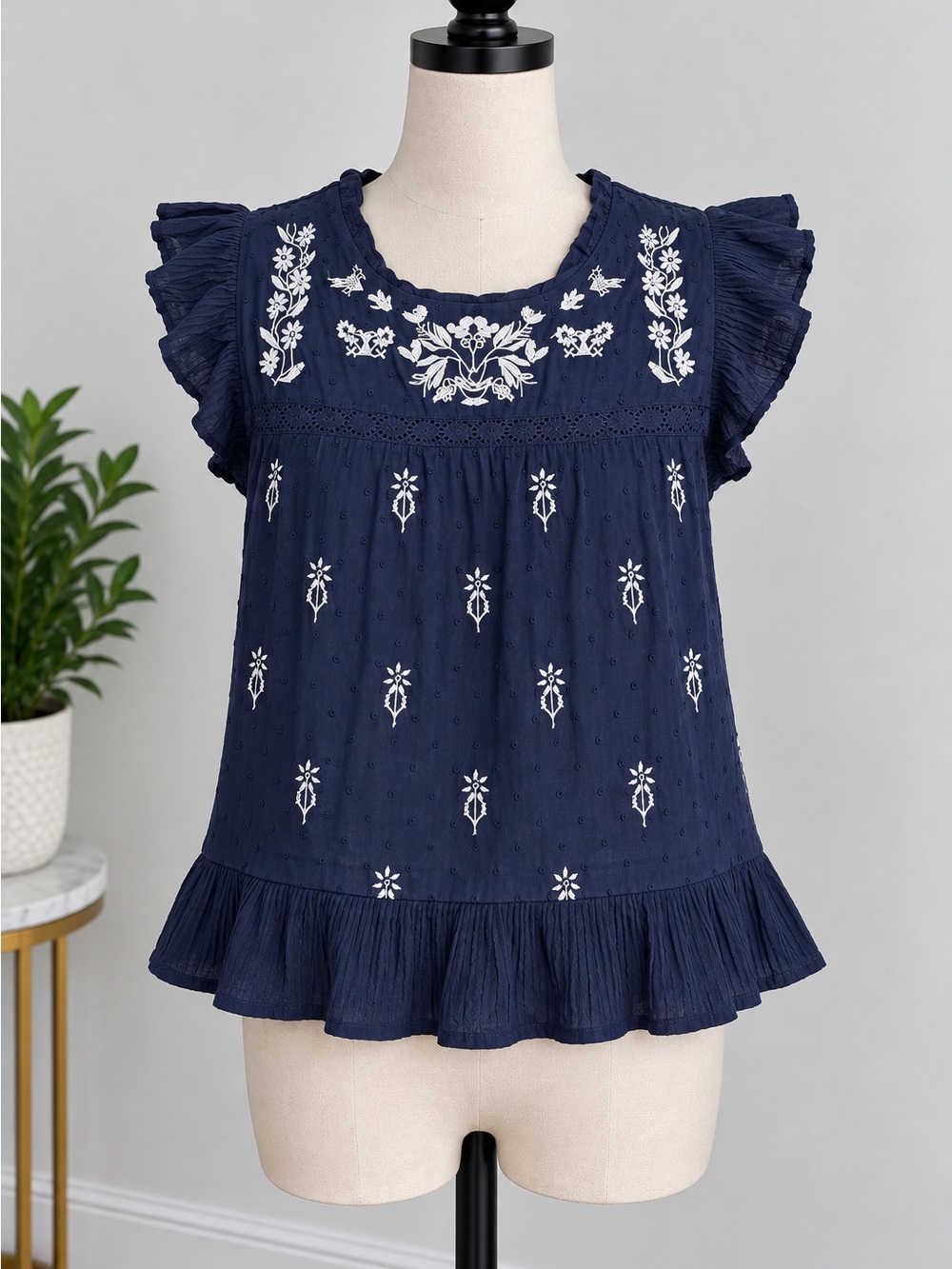 Lucky Brand Navy Embroidered Boho Blouse NWT Size S